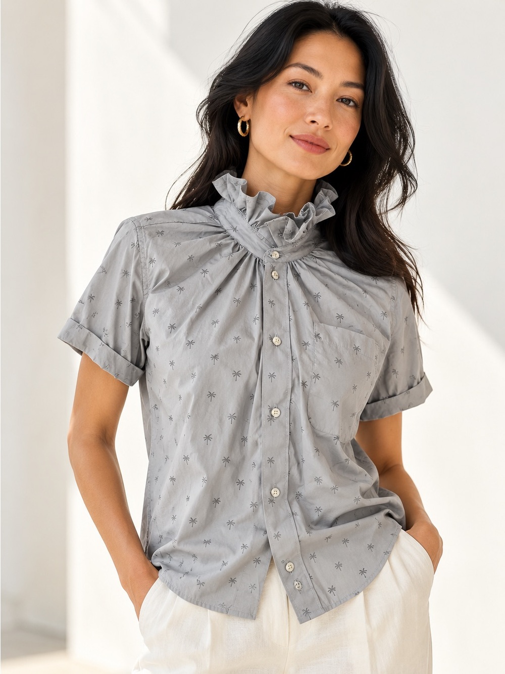 KMJ Sz M Quarantini Upcycled Cotton Palm Print Ruffle Collar Button Front Shirt